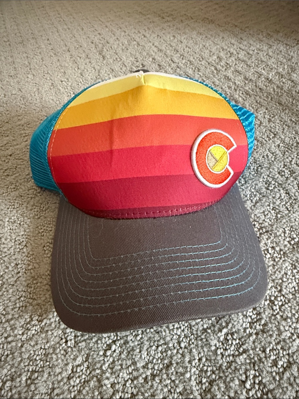 Colorado Sunset Stripe Trucker Hat - Teal, Orange, Red